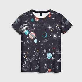 Женская футболка 3D с принтом Космос в Белгороде, 100% полиэфир ( синтетическое хлопкоподобное полотно) | прямой крой, круглый вырез горловины, длина до линии бедер | comets | infinity | planets | sky | sp | space | stars | universe | бесконечность | вселенная | галактики | графика | звезды | иллюстрация | картинка | кометы | космос | мода | небо | ночь | планеты | рисунок | созвездия | солнце