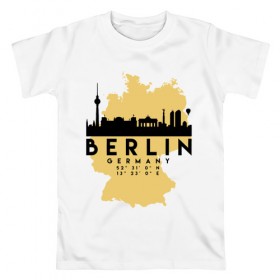 Мужская футболка хлопок с принтом Берлин - Германия в Белгороде, 100% хлопок | прямой крой, круглый вырез горловины, длина до линии бедер, слегка спущенное плечо. | adventure | berlin | city | germany | travel | world | берлин | германия | город | государство | европа | жизнь | карта | культура | люди | мир | народ | немец | партиот | планета | приключение | путешествие | спорт | ссср
