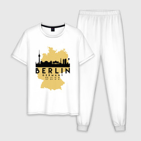 Мужская пижама хлопок с принтом Берлин - Германия в Белгороде, 100% хлопок | брюки и футболка прямого кроя, без карманов, на брюках мягкая резинка на поясе и по низу штанин
 | Тематика изображения на принте: adventure | berlin | city | germany | travel | world | берлин | германия | город | государство | европа | жизнь | карта | культура | люди | мир | народ | немец | партиот | планета | приключение | путешествие | спорт | ссср
