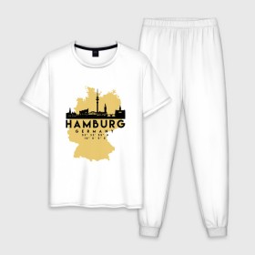 Мужская пижама хлопок с принтом Гамбург - Германия в Белгороде, 100% хлопок | брюки и футболка прямого кроя, без карманов, на брюках мягкая резинка на поясе и по низу штанин
 | adventure | city | germany | travel | world | берлин | гамбург | германия | город | государство | европа | жизнь | карта | культура | люди | мир | народ | партиот | планета | приключение | путешествие | спорт | ссср | столи
