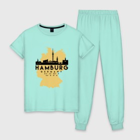 Женская пижама хлопок с принтом Гамбург - Германия в Белгороде, 100% хлопок | брюки и футболка прямого кроя, без карманов, на брюках мягкая резинка на поясе и по низу штанин | adventure | city | germany | travel | world | берлин | гамбург | германия | город | государство | европа | жизнь | карта | культура | люди | мир | народ | партиот | планета | приключение | путешествие | спорт | ссср | столи