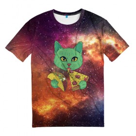 Мужская футболка 3D с принтом Космический Кот в Белгороде, 100% полиэфир | прямой крой, круглый вырез горловины, длина до линии бедер | Тематика изображения на принте: cat | cosmic | galaxy | pizza | taco | в космосе | галактика | космос | кот | коты | пицца | тако