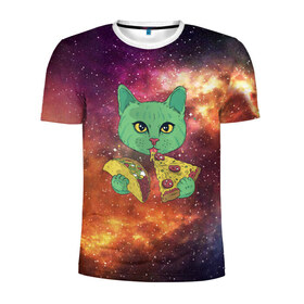 Мужская футболка 3D спортивная с принтом Космический Кот в Белгороде, 100% полиэстер с улучшенными характеристиками | приталенный силуэт, круглая горловина, широкие плечи, сужается к линии бедра | Тематика изображения на принте: cat | cosmic | galaxy | pizza | taco | в космосе | галактика | космос | кот | коты | пицца | тако