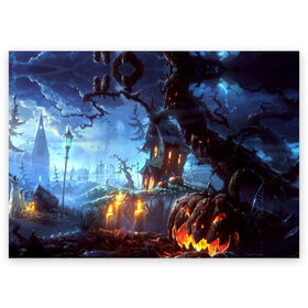 Поздравительная открытка с принтом Хэллоуин в Белгороде, 100% бумага | плотность бумаги 280 г/м2, матовая, на обратной стороне линовка и место для марки
 | candles | d | fear | forest | halloween | horror | hut | night | pumpkin | ворота | глаза | железные | забор | изба | иллюстрация | картинка | красные | лес | мода | молния | ночь | облака | праздник | рисунок | свечи | серый | совы
