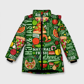 Зимняя куртка для девочек 3D с принтом Итальянская пицца в Белгороде, ткань верха — 100% полиэстер; подклад — 100% полиэстер, утеплитель — 100% полиэстер. | длина ниже бедра, удлиненная спинка, воротник стойка и отстегивающийся капюшон. Есть боковые карманы с листочкой на кнопках, утяжки по низу изделия и внутренний карман на молнии. 

Предусмотрены светоотражающий принт на спинке, радужный светоотражающий элемент на пуллере молнии и на резинке для утяжки. | Тематика изображения на принте: бекон | вкусная | волны | грибы | доля | еда | зелень | ингредиенты | искусство | италия | итальянская | ковёр | колбаса | кори | креветки | курица | лук | мясо | натуральная | оливки | орнамент | перец