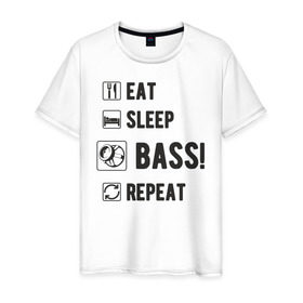 Мужская футболка хлопок с принтом Eat, sleep, bass, repeat в Белгороде, 100% хлопок | прямой крой, круглый вырез горловины, длина до линии бедер, слегка спущенное плечо. | автозвук | басы | музыка | сабвуфер