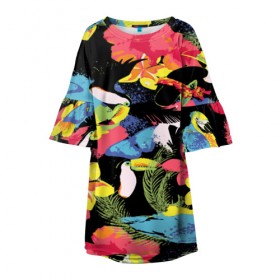 Детское платье 3D с принтом ЦВЕТНАЯ ФУТБОЛКА в Белгороде, 100% полиэстер | прямой силуэт, чуть расширенный к низу. Круглая горловина, на рукавах — воланы | попугай | цветная | цветы