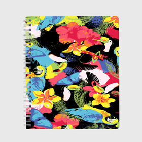 Тетрадь с принтом ЦВЕТНАЯ ФУТБОЛКА в Белгороде, 100% бумага | 48 листов, плотность листов — 60 г/м2, плотность картонной обложки — 250 г/м2. Листы скреплены сбоку удобной пружинной спиралью. Уголки страниц и обложки скругленные. Цвет линий — светло-серый
 | Тематика изображения на принте: попугай | цветная | цветы