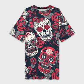 Платье-футболка 3D с принтом Мексиканские черепа в Белгороде,  |  | графика | день мертвых | знак | иллюстрация | искусство | картинка | мексика | мексиканские | мода | национальный | орнамент | паутина | поминки | праздник | рисунок | розы | ромашки | символ | стиль