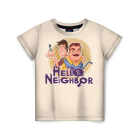 Детская футболка 3D с принтом Hello Neighbor в Белгороде, 100% гипоаллергенный полиэфир | прямой крой, круглый вырез горловины, длина до линии бедер, чуть спущенное плечо, ткань немного тянется | hello | horror | neighbor | survival | дом | нейбор | паркура | привет | сосед | стратегия | хеллоу