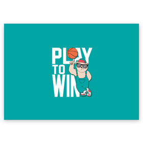 Поздравительная открытка с принтом Play to win в Белгороде, 100% бумага | плотность бумаги 280 г/м2, матовая, на обратной стороне линовка и место для марки
 | Тематика изображения на принте: баскетбол | баскетбольный | бейсболка | графика | животное | зелёный | играй | иллюстрация | картинка | комбинезон | кот | кроссовки | крутит | мода | мяч | на пальце | надпись | очки | победы | ради