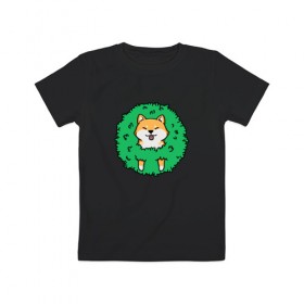 Детская футболка хлопок с принтом Bush Shiba Inu в Белгороде, 100% хлопок | круглый вырез горловины, полуприлегающий силуэт, длина до линии бедер | акита | аниме | зелень | китай | куст | милый | пес | песик | собака | собачка | щенок | япония