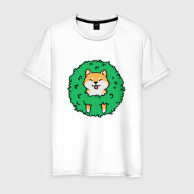 Мужская футболка хлопок с принтом Bush Shiba Inu в Белгороде, 100% хлопок | прямой крой, круглый вырез горловины, длина до линии бедер, слегка спущенное плечо. | акита | аниме | зелень | китай | куст | милый | пес | песик | собака | собачка | щенок | япония