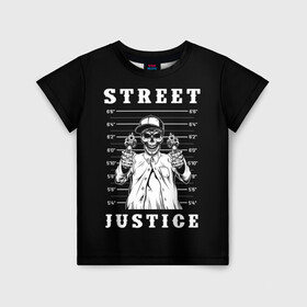 Детская футболка 3D с принтом Street justice в Белгороде, 100% гипоаллергенный полиэфир | прямой крой, круглый вырез горловины, длина до линии бедер, чуть спущенное плечо, ткань немного тянется | justice | s | skeleton | skull | street | банда | бандана | бандит | бейсболка | графика | иллюстрация | картинка | мода | надпись | оружие | пистолеты | платок | револьверы | рисунок | символ | скелет | справедливость