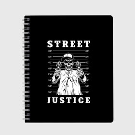 Тетрадь с принтом Street justice в Белгороде, 100% бумага | 48 листов, плотность листов — 60 г/м2, плотность картонной обложки — 250 г/м2. Листы скреплены сбоку удобной пружинной спиралью. Уголки страниц и обложки скругленные. Цвет линий — светло-серый
 | justice | s | skeleton | skull | street | банда | бандана | бандит | бейсболка | графика | иллюстрация | картинка | мода | надпись | оружие | пистолеты | платок | револьверы | рисунок | символ | скелет | справедливость