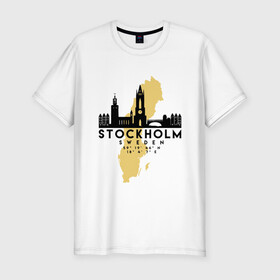 Мужская футболка хлопок Slim с принтом Стокгольм - Швеция в Белгороде, 92% хлопок, 8% лайкра | приталенный силуэт, круглый вырез ворота, длина до линии бедра, короткий рукав | adventure | city | sweden | travel | world | город | государство | европа | жизнь | карта | культура | люди | мир | народ | памят | партиот | планета | приключение | путешествие | спорт | ссср | стокгольм | столица | страна