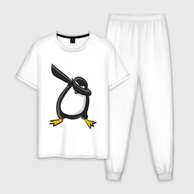 Мужская пижама хлопок с принтом DAB Пингвин в Белгороде, 100% хлопок | брюки и футболка прямого кроя, без карманов, на брюках мягкая резинка на поясе и по низу штанин
 | Тематика изображения на принте: animal | best | bird | dab | dabbig | dance | freedom | hip hop | music | penguin | rap | даб | даббинг | животные | крутой | лучший | мадагаскар | музыка | пингвин | птица | рэп | рэпер | свобода | север | танец | хип хоп