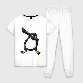Женская пижама хлопок с принтом DAB Пингвин в Белгороде, 100% хлопок | брюки и футболка прямого кроя, без карманов, на брюках мягкая резинка на поясе и по низу штанин | animal | best | bird | dab | dabbig | dance | freedom | hip hop | music | penguin | rap | даб | даббинг | животные | крутой | лучший | мадагаскар | музыка | пингвин | птица | рэп | рэпер | свобода | север | танец | хип хоп