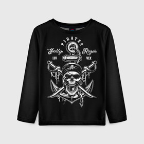 Детский лонгслив 3D с принтом Pirates в Белгороде, 100% полиэстер | длинные рукава, круглый вырез горловины, полуприлегающий силуэт
 | Тематика изображения на принте: b | pirates | robbers | sea | skull | бандана | веселый | графика | иллюстрация | канат | картинка | кости | логотип | мода | морские | надпись | оружие | пираты | платок | разбойники | рисунок | роджер | сабли | стиль