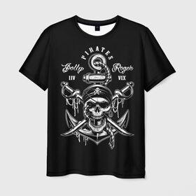 Мужская футболка 3D с принтом Pirates в Белгороде, 100% полиэфир | прямой крой, круглый вырез горловины, длина до линии бедер | b | pirates | robbers | sea | skull | бандана | веселый | графика | иллюстрация | канат | картинка | кости | логотип | мода | морские | надпись | оружие | пираты | платок | разбойники | рисунок | роджер | сабли | стиль