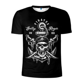 Мужская футболка 3D спортивная с принтом Pirates в Белгороде, 100% полиэстер с улучшенными характеристиками | приталенный силуэт, круглая горловина, широкие плечи, сужается к линии бедра | Тематика изображения на принте: b | pirates | robbers | sea | skull | бандана | веселый | графика | иллюстрация | канат | картинка | кости | логотип | мода | морские | надпись | оружие | пираты | платок | разбойники | рисунок | роджер | сабли | стиль