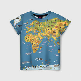 Детская футболка 3D с принтом Карта мира в Белгороде, 100% гипоаллергенный полиэфир | прямой крой, круглый вырез горловины, длина до линии бедер, чуть спущенное плечо, ткань немного тянется | Тематика изображения на принте: азия | акулы | америка | антарктида | бизон | волк | европа | животные | зебра | кабан | карта | киты | лама | лев | лось | материки | медведь | мира | моржи | моря | океаны | пингвины | птицы | реки | рыбы