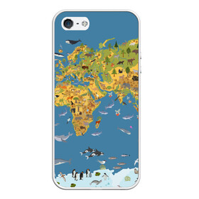 Чехол для iPhone 5/5S матовый с принтом Карта мира в Белгороде, Силикон | Область печати: задняя сторона чехла, без боковых панелей | Тематика изображения на принте: азия | акулы | америка | антарктида | бизон | волк | европа | животные | зебра | кабан | карта | киты | лама | лев | лось | материки | медведь | мира | моржи | моря | океаны | пингвины | птицы | реки | рыбы