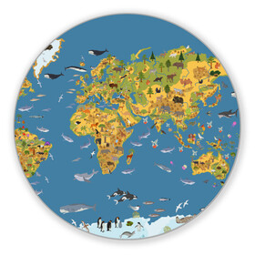 Коврик для мышки круглый с принтом Карта мира в Белгороде, резина и полиэстер | круглая форма, изображение наносится на всю лицевую часть | Тематика изображения на принте: азия | акулы | америка | антарктида | бизон | волк | европа | животные | зебра | кабан | карта | киты | лама | лев | лось | материки | медведь | мира | моржи | моря | океаны | пингвины | птицы | реки | рыбы