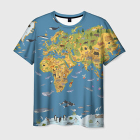 Мужская футболка 3D с принтом Карта мира в Белгороде, 100% полиэфир | прямой крой, круглый вырез горловины, длина до линии бедер | азия | акулы | америка | антарктида | бизон | волк | европа | животные | зебра | кабан | карта | киты | лама | лев | лось | материки | медведь | мира | моржи | моря | океаны | пингвины | птицы | реки | рыбы
