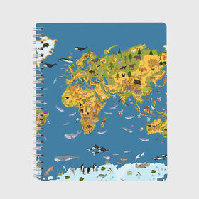Тетрадь с принтом Карта мира в Белгороде, 100% бумага | 48 листов, плотность листов — 60 г/м2, плотность картонной обложки — 250 г/м2. Листы скреплены сбоку удобной пружинной спиралью. Уголки страниц и обложки скругленные. Цвет линий — светло-серый
 | Тематика изображения на принте: азия | акулы | америка | антарктида | бизон | волк | европа | животные | зебра | кабан | карта | киты | лама | лев | лось | материки | медведь | мира | моржи | моря | океаны | пингвины | птицы | реки | рыбы