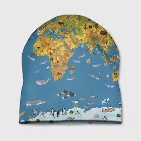Шапка 3D с принтом Карта мира в Белгороде, 100% полиэстер | универсальный размер, печать по всей поверхности изделия | азия | акулы | америка | антарктида | бизон | волк | европа | животные | зебра | кабан | карта | киты | лама | лев | лось | материки | медведь | мира | моржи | моря | океаны | пингвины | птицы | реки | рыбы