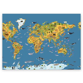 Поздравительная открытка с принтом Карта мира в Белгороде, 100% бумага | плотность бумаги 280 г/м2, матовая, на обратной стороне линовка и место для марки
 | Тематика изображения на принте: азия | акулы | америка | антарктида | бизон | волк | европа | животные | зебра | кабан | карта | киты | лама | лев | лось | материки | медведь | мира | моржи | моря | океаны | пингвины | птицы | реки | рыбы