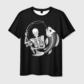 Мужская футболка 3D с принтом Fishing в Белгороде, 100% полиэфир | прямой крой, круглый вырез горловины, длина до линии бедер | death | fish | fisherman | fishing | halloween | holiday | skeletons | spinning | symbol | графика | иллюстрация | картинка | леска | мода | праздник | рисунок | рыба | рыбак | рыбалка | символ | скелеты | спиннинг | стиль | трафарет | фон