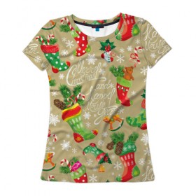Женская футболка 3D с принтом Merry christmas! в Белгороде, 100% полиэфир ( синтетическое хлопкоподобное полотно) | прямой крой, круглый вырез горловины, длина до линии бедер | бежевый | ветки | графика | ёлка | ёлочные | ель | зима | игрушки | иллюстрация | картинка | колокольчики | мода | мороз | новый год | орнамент | подарки | праздник | рисунок | рождество | снег | снежинки