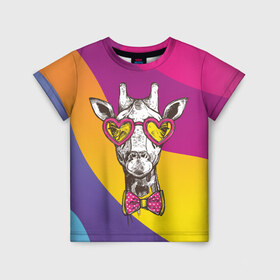 Детская футболка 3D с принтом Праздничный жираф в Белгороде, 100% гипоаллергенный полиэфир | прямой крой, круглый вырез горловины, длина до линии бедер, чуть спущенное плечо, ткань немного тянется | бабочка | животное | жираф | модный | очки | праздничный | рожки | сердечки | хипстер | шея