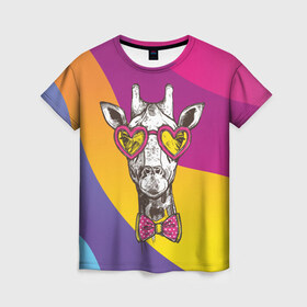Женская футболка 3D с принтом Праздничный жираф в Белгороде, 100% полиэфир ( синтетическое хлопкоподобное полотно) | прямой крой, круглый вырез горловины, длина до линии бедер | бабочка | животное | жираф | модный | очки | праздничный | рожки | сердечки | хипстер | шея