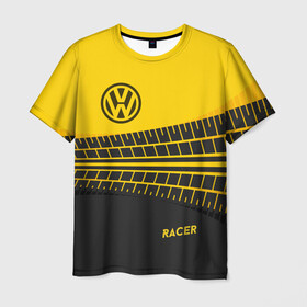 Мужская футболка 3D с принтом Volkswagen в Белгороде, 100% полиэфир | прямой крой, круглый вырез горловины, длина до линии бедер | Тематика изображения на принте: racer | авто | автолюбитель. volkswagen | гонщик | желто черная | колесо | машина | след | фольксваген | шина