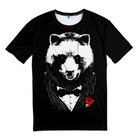 Мужская футболка 3D с принтом Медведь авторитет в Белгороде, 100% полиэфир | прямой крой, круглый вырез горловины, длина до линии бедер | authority | bear | go | авторитет | аль капоне | бабочка | в носу | взгляд | галстук | графика | дикий | животное | иллюстрация | картинка | кольцо | костюм | красная | крестный | мафия | медведь | мода | отец
