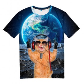 Мужская футболка 3D с принтом Кот на луне в Белгороде, 100% полиэфир | прямой крой, круглый вырез горловины, длина до линии бедер | cat | астрономия | в космосе | в наушниках | в очках | грозовой кошак | животные | звезды | земля | илон маск | космическая | космонавт | космос | кот | котейка | котики | луна | луноход | на фоне земли