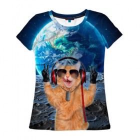 Женская футболка 3D с принтом Кот на луне в Белгороде, 100% полиэфир ( синтетическое хлопкоподобное полотно) | прямой крой, круглый вырез горловины, длина до линии бедер | cat | астрономия | в космосе | в наушниках | в очках | грозовой кошак | животные | звезды | земля | илон маск | космическая | космонавт | космос | кот | котейка | котики | луна | луноход | на фоне земли