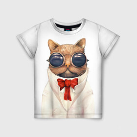 Детская футболка 3D с принтом Кот в Белгороде, 100% гипоаллергенный полиэфир | прямой крой, круглый вырез горловины, длина до линии бедер, чуть спущенное плечо, ткань немного тянется | бабочка | в очках | киса | киска | костюм | котейка | котенок | котэ | котя | кошка | крутой | модный | стиль | ученый