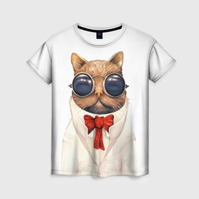 Женская футболка 3D с принтом Кот в Белгороде, 100% полиэфир ( синтетическое хлопкоподобное полотно) | прямой крой, круглый вырез горловины, длина до линии бедер | бабочка | в очках | киса | киска | костюм | котейка | котенок | котэ | котя | кошка | крутой | модный | стиль | ученый