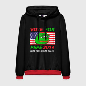 Мужская толстовка 3D с принтом Vote for pepe в Белгороде, 100% полиэстер | двухслойный капюшон со шнурком для регулировки, мягкие манжеты на рукавах и по низу толстовки, спереди карман-кенгуру с мягким внутренним слоем. | bad | dab | frog | good | kek | make pepe great again | pepe | sad | sad frog | vote for pepe | кек | лягушка | мем | мемы | пепе | со смыслом | фрог