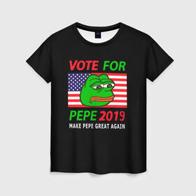 Женская футболка 3D с принтом Vote for pepe в Белгороде, 100% полиэфир ( синтетическое хлопкоподобное полотно) | прямой крой, круглый вырез горловины, длина до линии бедер | bad | dab | frog | good | kek | make pepe great again | pepe | sad | sad frog | vote for pepe | кек | лягушка | мем | мемы | пепе | со смыслом | фрог