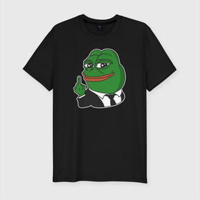 Мужская футболка хлопок Slim с принтом Pepe  в Белгороде, 92% хлопок, 8% лайкра | приталенный силуэт, круглый вырез ворота, длина до линии бедра, короткий рукав | bad | dab | frog | good | kek | make pepe great again | pepe | sad | sad frog | vote for pepe | кек | лягушка | мем | мемы | пепе | со смыслом | фрог
