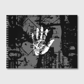 Альбом для рисования с принтом Stop в Белгороде, 100% бумага
 | матовая бумага, плотность 200 мг. | Тематика изображения на принте: black | caution | gray | halloween | hand | skeleton | skull | stop | white | белый | предупреждение | рука | серый | скелет | хэллоуин | череп | черный