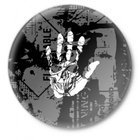 Значок с принтом Stop в Белгороде,  металл | круглая форма, металлическая застежка в виде булавки | Тематика изображения на принте: black | caution | gray | halloween | hand | skeleton | skull | stop | white | белый | предупреждение | рука | серый | скелет | хэллоуин | череп | черный