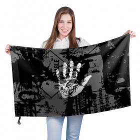 Флаг 3D с принтом Stop в Белгороде, 100% полиэстер | плотность ткани — 95 г/м2, размер — 67 х 109 см. Принт наносится с одной стороны | black | caution | gray | halloween | hand | skeleton | skull | stop | white | белый | предупреждение | рука | серый | скелет | хэллоуин | череп | черный