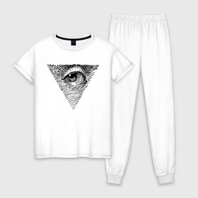 Женская пижама хлопок с принтом eye в Белгороде, 100% хлопок | брюки и футболка прямого кроя, без карманов, на брюках мягкая резинка на поясе и по низу штанин | black | eye | minimalism | money | philosophy | pyramid | raster | supreme | usa | white | белый | глаз | деньги | доллар | минимализм | пирамида | растр | сша | философия | черный
