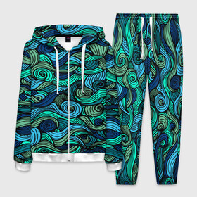 Мужской костюм 3D с принтом Морская пучина в Белгороде, 100% полиэстер | Манжеты и пояс оформлены тканевой резинкой, двухслойный капюшон со шнурком для регулировки, карманы спереди | Тематика изображения на принте: абстракция | волны | зеленый | круг | линии | море | полосы | синий